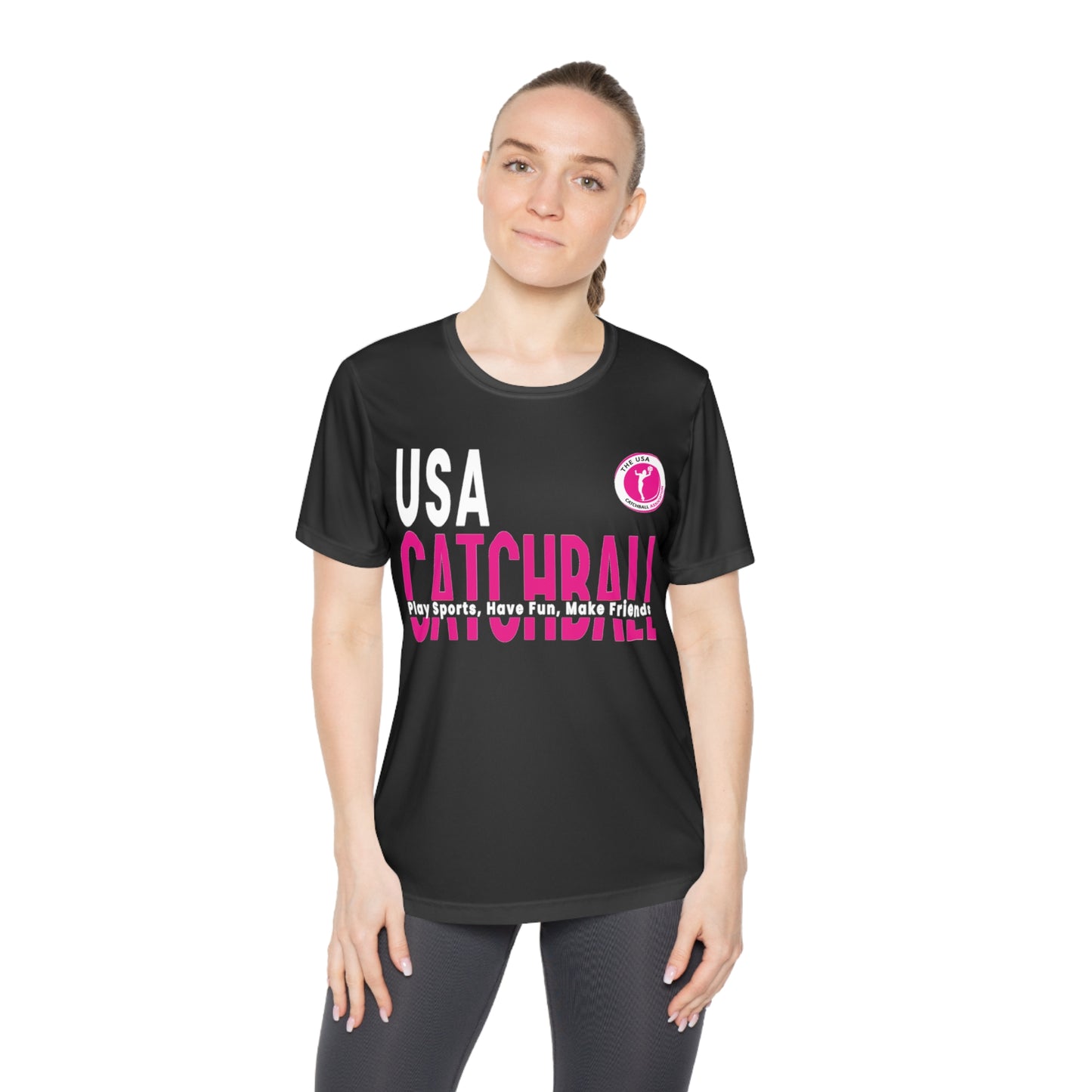 Branded (USACA) Catchball Women's T-Shirt Performance Ladies Catchball T-Shirt V-Neck Catchball Logo Tee Competitor