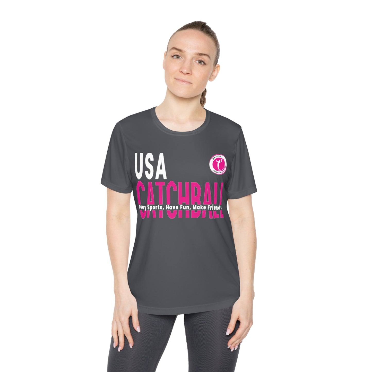 Branded (USACA) Catchball Women's T-Shirt Performance Ladies Catchball T-Shirt V-Neck Catchball Logo Tee Competitor